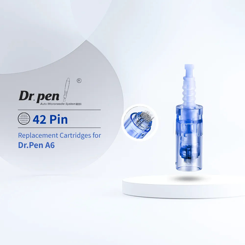 Authentic Dr. Pen A6 42-pin replacement cartridge, clear blue plastic, enhancing serum absorption.