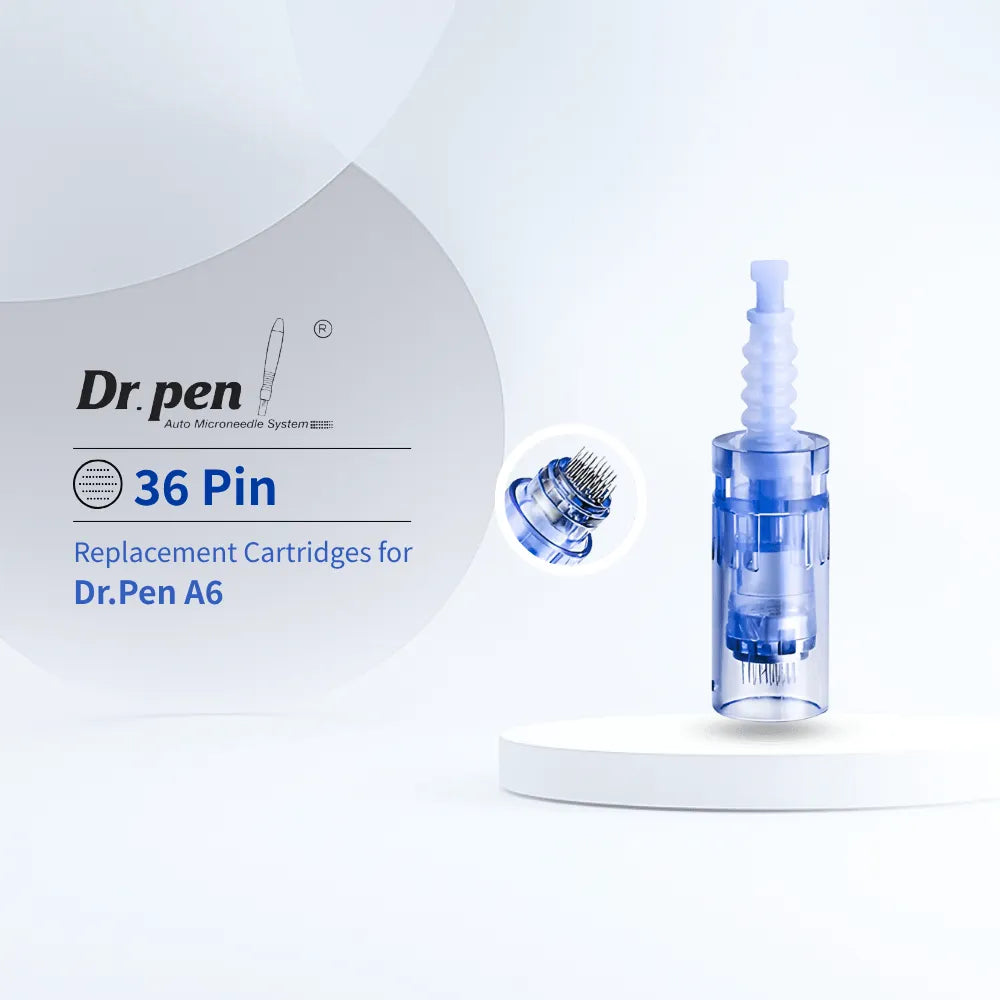 Dr. pen A6 36 Pin replacement cartridges, clear blue plastic, designed for enhanced serum absorption.