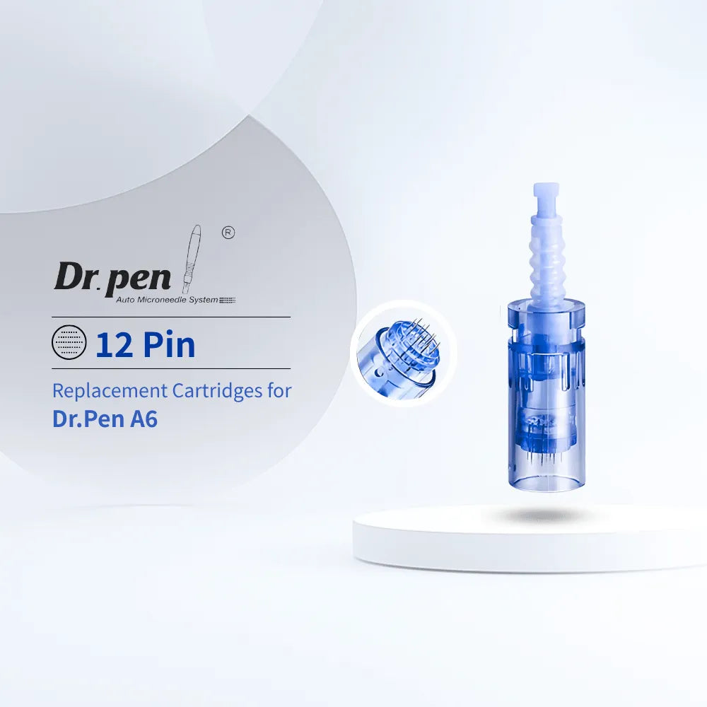 Dr. Pen A6 12-pin replacement cartridges, clear blue plastic, designed for enhanced serum absorption.