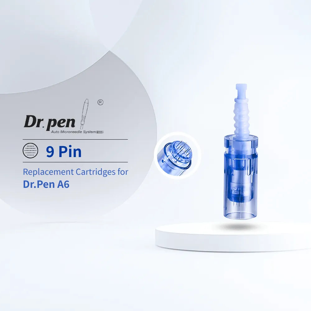 Dr. Pen A6 9-pin replacement cartridges in translucent blue, designed for enhanced serum absorption.