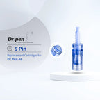 Dr. Pen A6 9-pin replacement cartridges in translucent blue, designed for enhanced serum absorption.