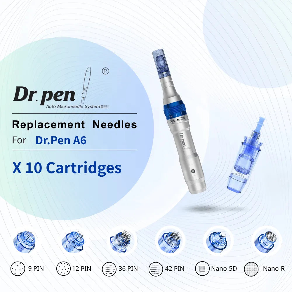 Dr. pen A6 replacement cartridges: 10-pack of blue and silver microneedle heads, enhancing serum absorption.