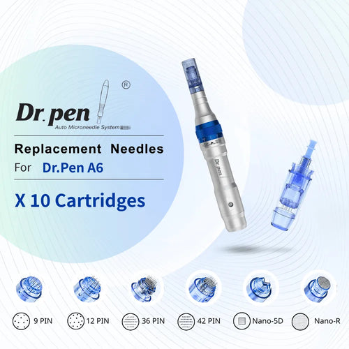 Dr. pen A6 replacement cartridges: 10-pack of blue and silver microneedle heads, enhancing serum absorption.