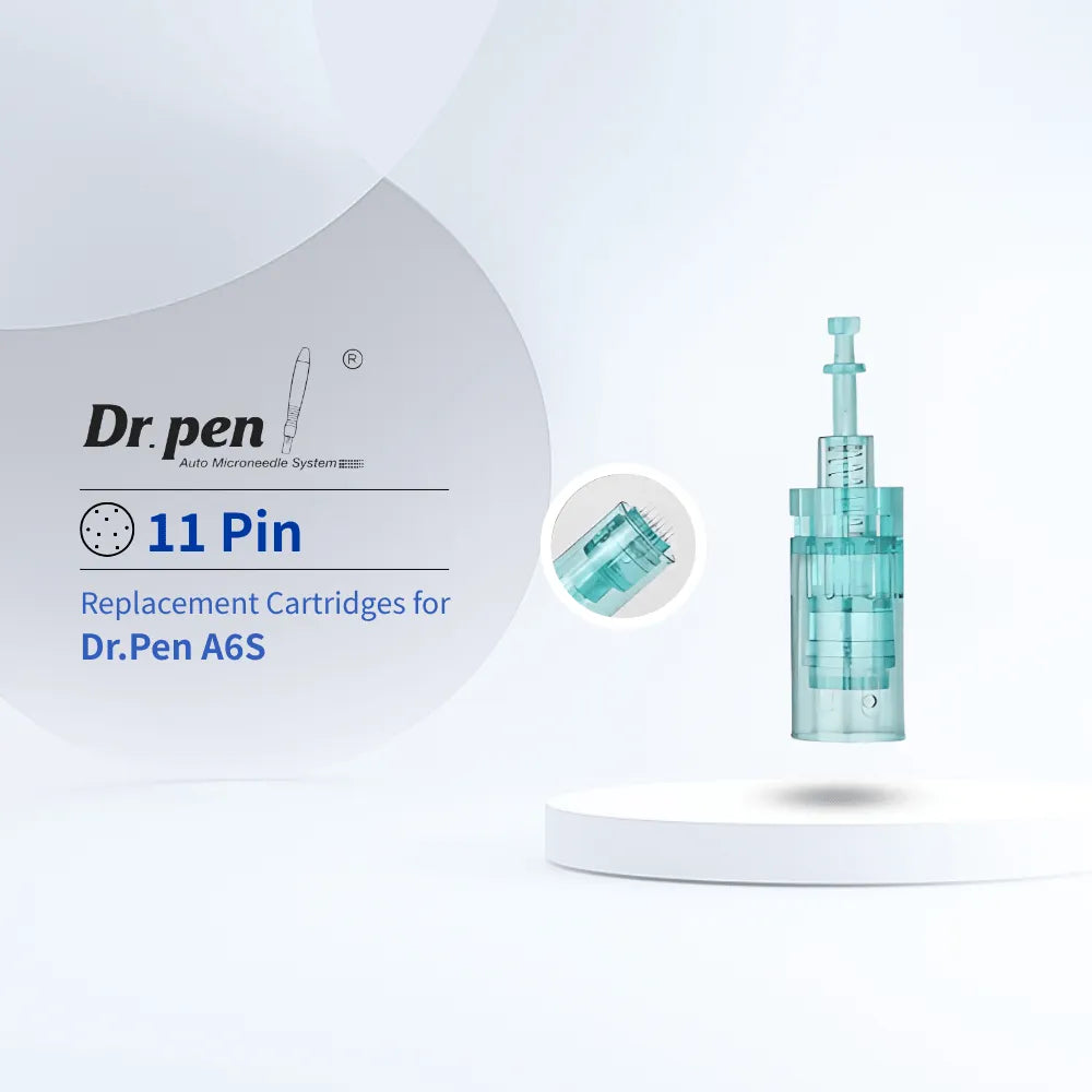 Dr. Pen A6S 11-Pin replacement microneedling cartridge in clear teal, featuring ultra-fine 0.18mm needles.