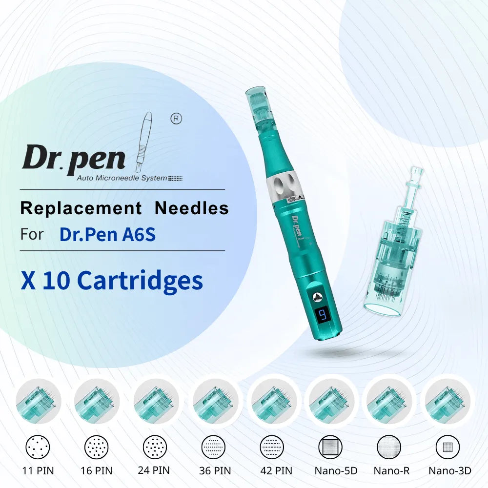 Dr. Pen A6S replacement microneedling cartridges, 10-pack, featuring various pin configurations and a teal device.